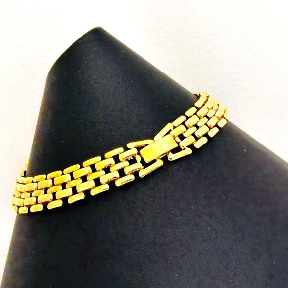 Vintage Gold-Tone Rhinestone Bracelet With Fold Over Clasp & Triple Row Design - Picture 4 of 8